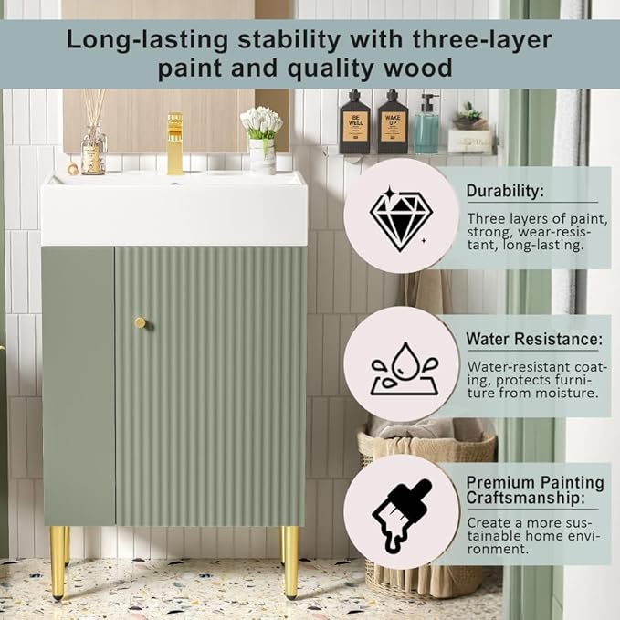 22" Small Bathroom Vanity with Sink, Morden Bathroom Vanities with Soft-Close Door and Open Shelf, Freestanding Narrow Vanity for Compact Space-Saving Bathrooms (Green,22" Freestanding Left Shelf)