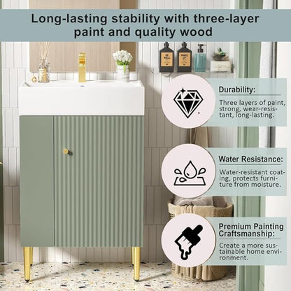 22" Small Bathroom Vanity with Sink, Morden Bathroom Vanities with Soft-Close Door and Open Shelf, Freestanding Narrow Vanity for Compact Space-Saving Bathrooms (Green,22" Freestanding Left Shelf)