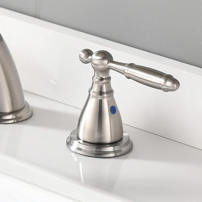 8 Inch 3 Holes Brushed Nickel Low Arc Widespread Bathroom Sink Faucet, 2 Handles Bathroom Faucet with Stainless Steel Pop Up Drain, WF008-4-BN