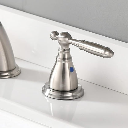 8 Inch 3 Holes Brushed Nickel Low Arc Widespread Bathroom Sink Faucet, 2 Handles Bathroom Faucet with Stainless Steel Pop Up Drain, WF008-4-BN