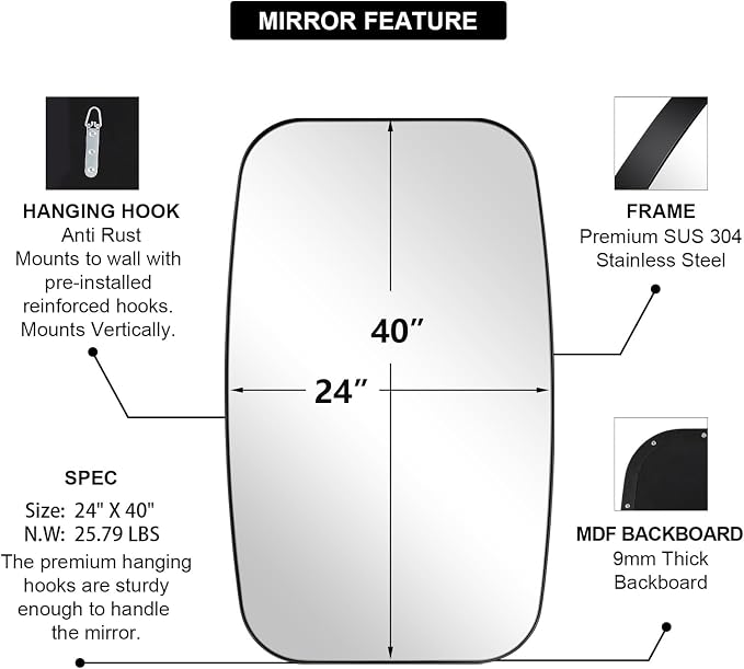 24x40” Black Bathroom Mirror, Oblong Vanity Mirror with Stainless Steel Metal Frame, Matte Black Oval Mirror for Over Sink, Modern Anti Rust Wall Mounted
