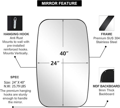 24x40” Black Bathroom Mirror, Oblong Vanity Mirror with Stainless Steel Metal Frame, Matte Black Oval Mirror for Over Sink, Modern Anti Rust Wall Mounted