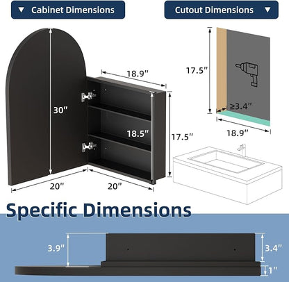 Medicine Cabinets for Bathroom, Black Arched Medicine Cabinet Recessed or Surface Wall-Mounted,Modern Bathroom Vanity Mirror with Storage, Mirrored Cabinet with Adjustable Shelves,20x30 Inch