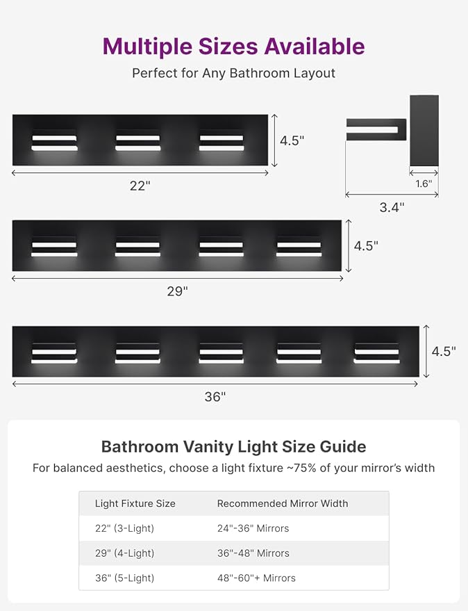 Modern Bathroom Vanity Light, 36" 5-Light Bathroom Lighting Fixtures Over Mirror, LED Vanity Light 3000K 4000K 5000K CCT Adjustable, Matte Black