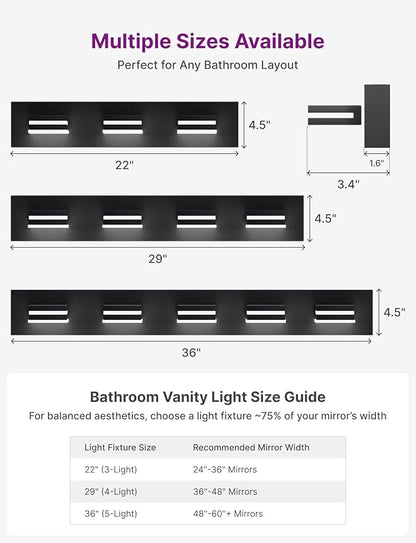 Modern Bathroom Vanity Light, 29" 4-Light Bathroom Light Fixtures Over Mirror, LED Vanity Light 3000K 4000K 5000K CCT Adjustable, Matte Black