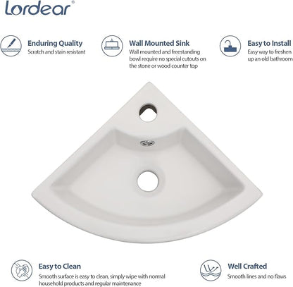 Lordear Wall Mount Corner Bathroom Sink 18 Inch White Ceramic Washing Basin Sector Wall Mount Sink for Small Bathrooms.
