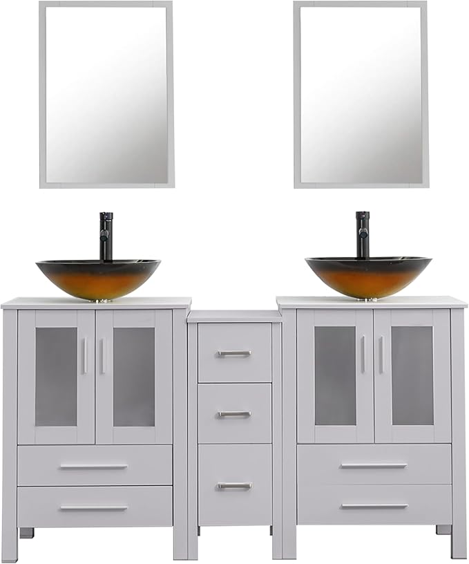 UEV 60" Double Sink Bathroom Vanity,Grey Bathroom Vanity with Double Side Vanity Cabinets & Removable 3 Drawer Storage Cabinet,Bathroom Vanity with Tempered Vessel Sink,Mirror Not Included(T48)