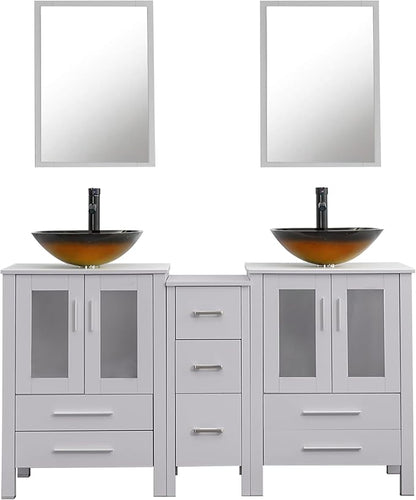 UEV 60" Double Sink Bathroom Vanity,Grey Bathroom Vanity with Double Side Vanity Cabinets & Removable 3 Drawer Storage Cabinet,Bathroom Vanity with Tempered Vessel Sink,Mirror Not Included(T48)
