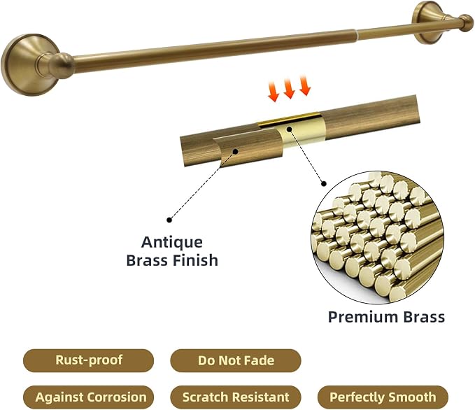 4 Piece Antique Brass Gold Bathroom Towel Bar Set - Toocust 16"-27.7" Adjustable Towel Bar for Bathroom, Wall Mounted Antique Brass Bathroom Hardware, Brushed Brass Towel Holder