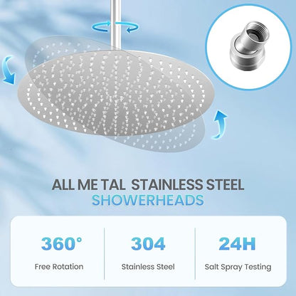 16 inch Ceiling Round Rain Shower Head Brushed Nickel - All Metal Stainless Steel 304, Full Body Round Rainfall Shower with 230 Silicone Nozzles