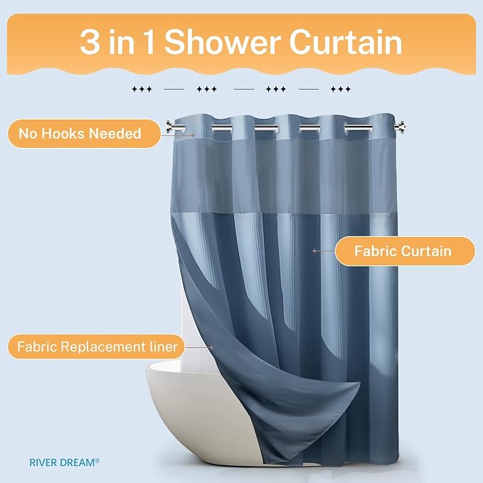 River Dream Waffle No Hook Shower Curtain with Liner,Moonlight Blue,71x74 | Dotted Waffle,Snap-in Liner,Heavy Duty,Quick Dry,Mesh Top Window,With Bottom Magnets,Hotel-Grade,Washable,Standard Size