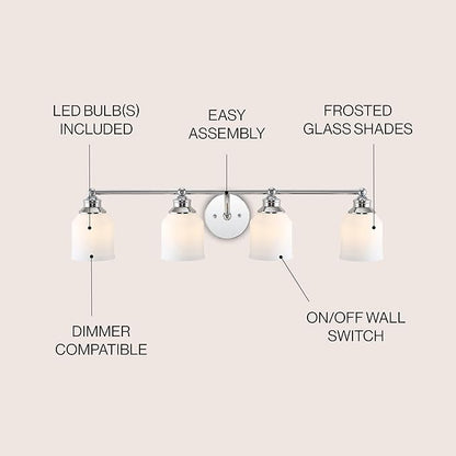 JONATHAN Y 33.25" Chrome Modern Farmhouse LED Vanity Light Wall Sconce Fixture, Frosted White Glass Shade, Dimmable Wall Lamp for Bathroom Mirror Kitchen Sink, UL Listed (JYL7552A)
