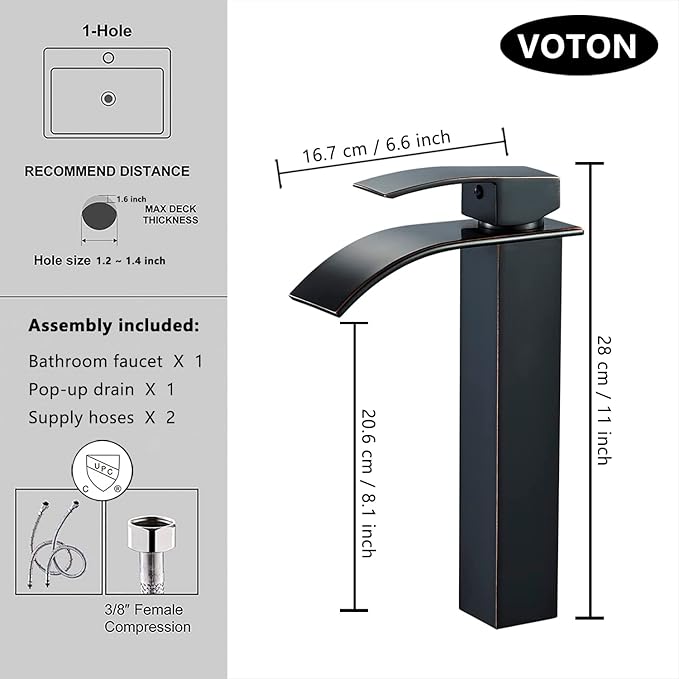 VOTON Vessel Sink Faucet Oil Rubbed Bronze Modern Tall Waterfall Bathroom Sink Faucet with Pop-Up Drain Single Handle Bathroom Faucet 1 Hole Bowl Lavatory Vanity Faucet Rv Sink Camper Farmhouse Faucet