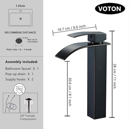 VOTON Vessel Sink Faucet Oil Rubbed Bronze Modern Tall Waterfall Bathroom Sink Faucet with Pop-Up Drain Single Handle Bathroom Faucet 1 Hole Bowl Lavatory Vanity Faucet Rv Sink Camper Farmhouse Faucet