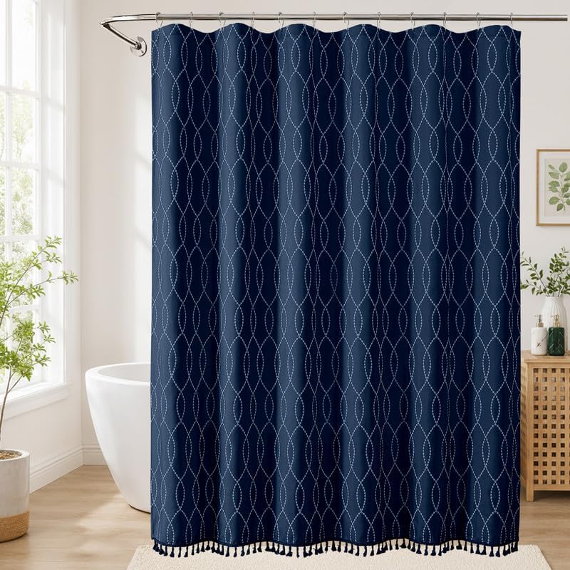 OVZME Extra Long Navy Blue Shower Curtain 84 Inch Long, Puff Printed Textured Shower Curtain with Tassels, Tall Farmhouse Geometry Bathroom Curtain, Water Resistant Fabric, 72Wx84L Inches
