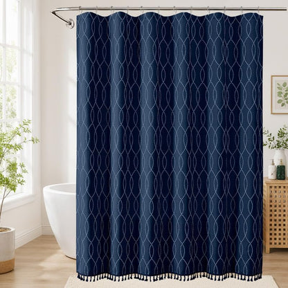 OVZME Extra Long Navy Blue Shower Curtain 84 Inch Long, Puff Printed Textured Shower Curtain with Tassels, Tall Farmhouse Geometry Bathroom Curtain, Water Resistant Fabric, 72Wx84L Inches