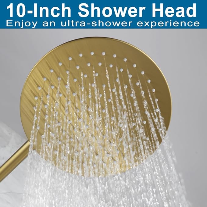 POP SANITARYWARE Shower Faucet Set Brushed Gold 10 Inch Round Rain Shower Head and Handle Set Bathroom Rainfall Shower System Wall Mounted Shower Fixture Single Function Shower Valve Trim Kit