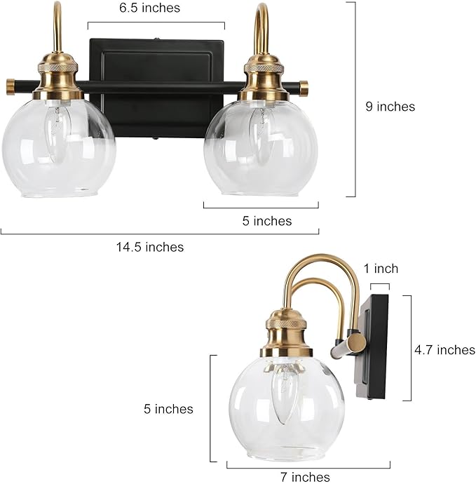 KSANA Black Gold Vanity Light, Modern 2-Light Bathroom Light Fixture with Clear Glass Globes, Electroplating Brass 14.5”L Vanity Lighting Over Mirror