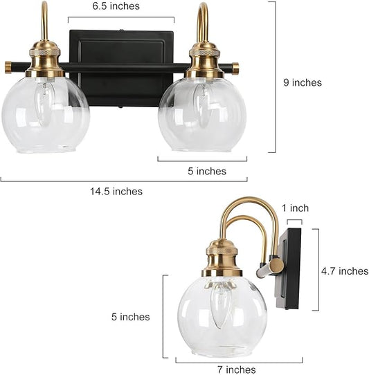 KSANA Black Gold Vanity Light, Modern 2-Light Bathroom Light Fixture with Clear Glass Globes, Electroplating Brass 14.5”L Vanity Lighting Over Mirror