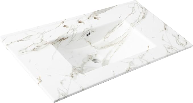 JONATHAN Y SNK1003C Ancillary 3-Hole 36 in. W x 18.25 in. D Classic Contemporary Rectangular Ceramic Single Sink Basin Vanity Top, White Marble Effect