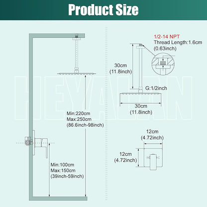 Heyalan 12-Inch Ceiling Mount Shower Faucet Set with Valve, Brushed Gold | Rainfall shower head, ceiling-mount design, SUS304 steel, adjustable angle, single-handle control