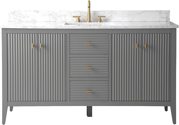 HOMEBEYOND 60" Bathroom Vanity with Single Sink, Solid Wood Bathroom Vanity Free-Standing Cabinet, Ceramic Top & Soft Closing Door, Golden Brushed Handware, Cashmere Gray