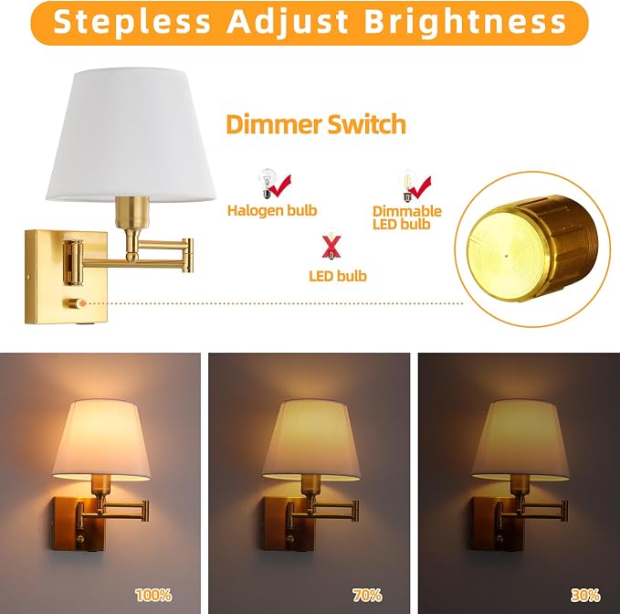 Bedside Wall Mount Light with Dimmable Switch, Swing Arm Fabric Shade Wall Sconce Light with USB Port and Plug in Cord, Gold Wall Lamp for Bedroom, Living Room and Hotel