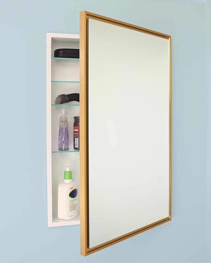 Fox Hollow Furnishings 20x30 Parker Metro Metal Framed Rectangle Recessed Bathroom Medicine Cabinet, Floating Mirror, 14x24 in-Wall Opening, Steel, Adjustable Glass Shelves, Magnet Close, Gold