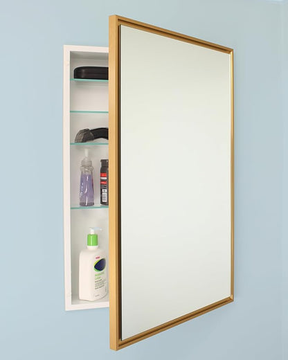Fox Hollow Furnishings 20x30 Parker Metro Metal Framed Rectangle Recessed Bathroom Medicine Cabinet, Floating Mirror, 14x24 in-Wall Opening, Steel, Adjustable Glass Shelves, Magnet Close, Gold