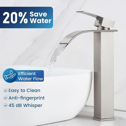 Airuida Vessel Sink Faucet,Brushed Nickel Tall Waterfall Bathroom Faucet | Single Handle,Tall Bathroom Faucet 1 Hole,Vanity Faucet,without Drain,Bowl Bathroom Faucet