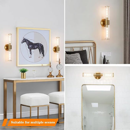 Brushed Gold Wall Sconces Set of 2 (Hardwired Only), Bathroom Vanity Light Fixtures, Modern Cylinder Glass Wall Lights for Mirror 28-40 in Height, NOT Battery Operated, E26 Base (Bulbs Not Included)
