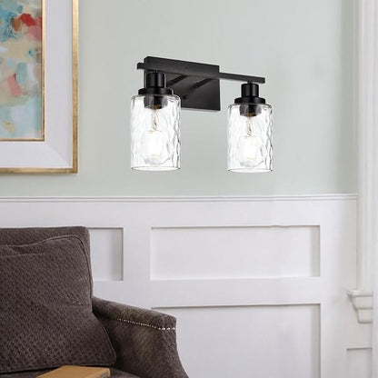 MELUCEE Indoor Wall Sconce Lighting 2-Light Black with Clear Hammered Glass | Modern Bathroom Vanity Light Fixtures Wall Lamp for Mirror Cabinets Powder Room (Patent No.: US D963914 S)