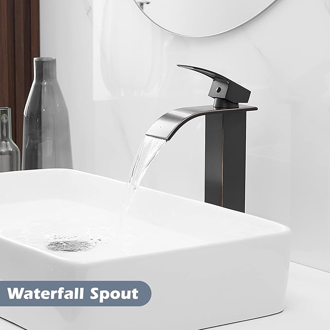 BWE Vessel Sink Faucet Modern Waterfall Oil Rubbed Bronze Single Hole Bathroom Faucet Single Handle with Pop up Drain Without Overflow Assembly Vanity Basin Bath Sink Faucets Mixer Tap