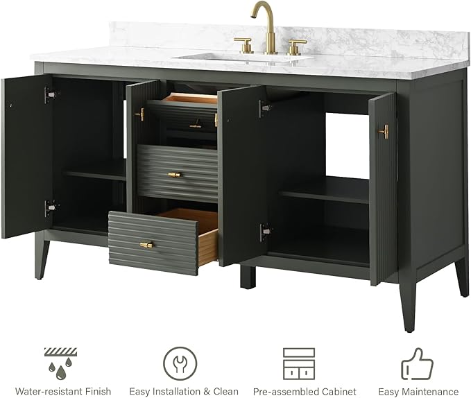 HOMEBEYOND 60" Bathroom Vanity with Single Sink, Solid Wood Bathroom Vanity Free-Standing Cabinet, Ceramic Top & Soft Closing Door, Golden Brushed Handware, Vintage Green
