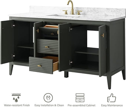 HOMEBEYOND 60" Bathroom Vanity with Single Sink, Solid Wood Bathroom Vanity Free-Standing Cabinet, Ceramic Top & Soft Closing Door, Golden Brushed Handware, Vintage Green