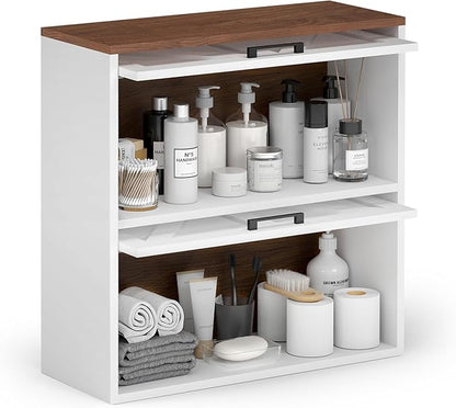HollyHOME Bathroom Wall Cabinet, Farmhouse Barn Door Wood Medicine Cabinet with Adjustable Shelves, Wall-Mounted Over-The-Toilet Storage,White