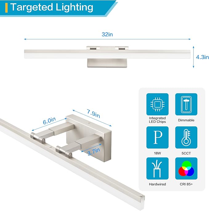 SOLFART Bathroom Lighting Fixtures Over Mirror: 32 Inch 5CCT Retractable LED Vanity Lights Brushed Nickel Dimmable Adjustable Head ETL