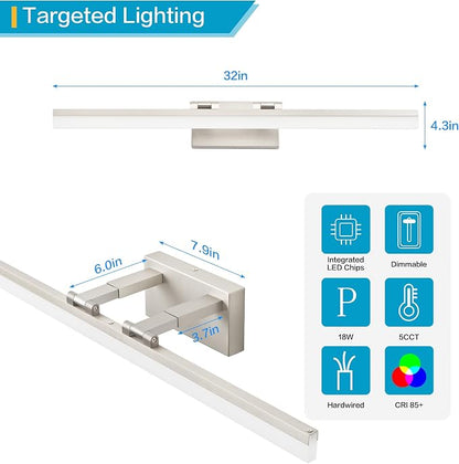 SOLFART Bathroom Lighting Fixtures Over Mirror: 32 Inch 5CCT Retractable LED Vanity Lights Brushed Nickel Dimmable Adjustable Head ETL
