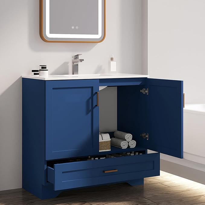 36 inch Bathroom Vanity with Sink, Modern Blue Vanity for Bathroom with Undermount Ceramic Sink, Freestanding 2-Door & 1-Drawer Storage Cabinet, for Small Bathroom Space, (Blue, 36")