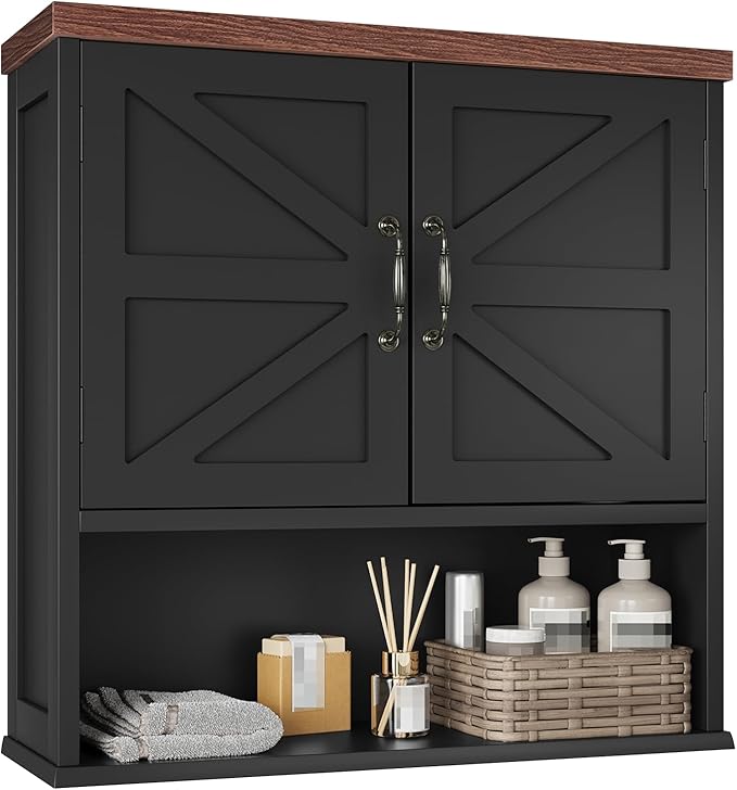 Bathroom Wall Cabinet with Barn Doors, Wall Mounted Bathroom Storage Cabinet, Farmhouse Style, Adjustable Shelf, Wall Mounted Medicine Cabinets, 23.6 x 7.9 x 23.9 Inches