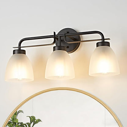 3-Light Black Bathroom Light Fixture,21 Inch Mid-Century Modern Vanity Lights for Bathroom with Frosted White Bell Shades, Industrial Wall Sconce for Mirror Over Vanity, Bedroom, Hallway