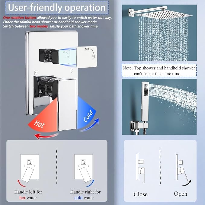 Shower Faucet Set 16 Inch Wall Mount Rain Shower System, All Metal Shower Fixtures - Polished Chrome