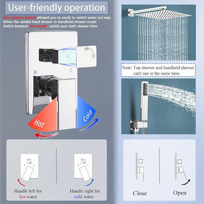 Shower Faucet Set 16 Inch Wall Mount Rain Shower System, All Metal Shower Fixtures - Polished Chrome
