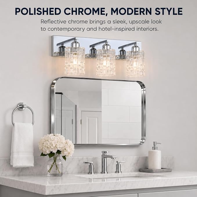 3-Light Crystal Vanity Light for Bathroom, Chrome Over Mirror Light Fixture, Modern Wall Mount for Living Room, Bedroom, Hallway