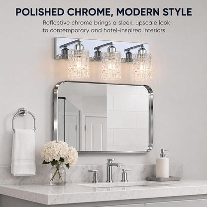 3-Light Crystal Vanity Light for Bathroom, Chrome Over Mirror Light Fixture, Modern Wall Mount for Living Room, Bedroom, Hallway
