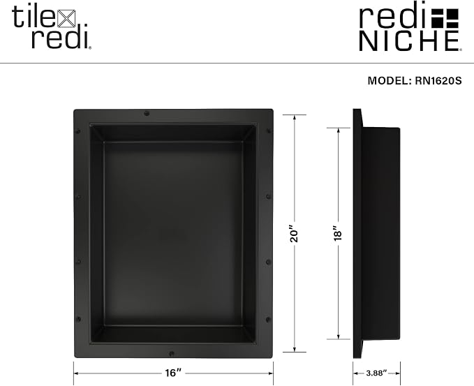 Tile Redi USA RN1620S-BI Redi Niche Single Recessed Shower Shelf, One Inner Shelf, 20" H x 16" W, Black