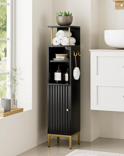 Bathroom Storage Cabinet,Small Corner Floor Cabinet with 2 Hook,Narrow Tall Toilet Paper Cabinet with Adjustable Shelves,Bathroom Organizer for Living Room,Small Spaces (Wave, Black-37''H)