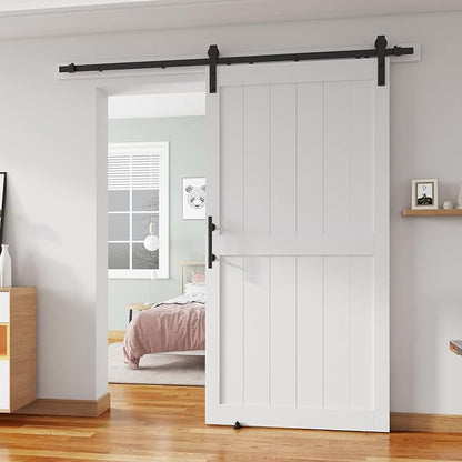 42''x 96'' Sliding Barn Door with 7 Ft Barn Door Hardware Kit | Pre-Drilled Holes Easy Assembly - Include Installation Manual, Water-Proof PVC Surface, H-Frame, White