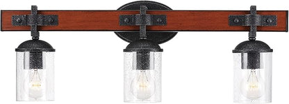 GLOBE Electric 51854 Kingston 3-Light Vanity Light, Dark Faux Wood, Galvanized Metal Accents, Clear Seeded Glass Shade, Bulb Not Included