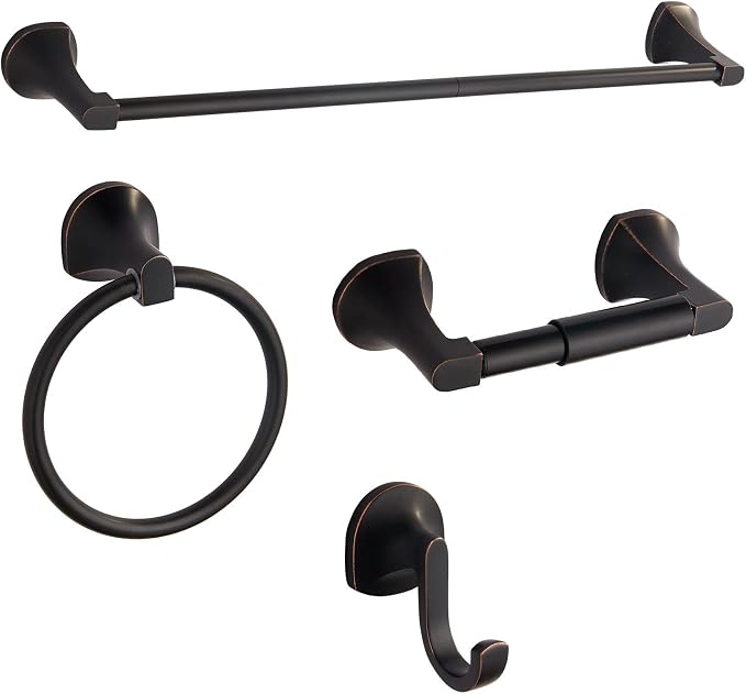 BGL 4 Piece ORB Bathroom Hardware Set - Wall Mounted Bathroom Accessories Set with Towel Bar, Towel Ring, Toilet Paper Holder, Robe Hook - Rustproof Bathroom Towel Bar Set